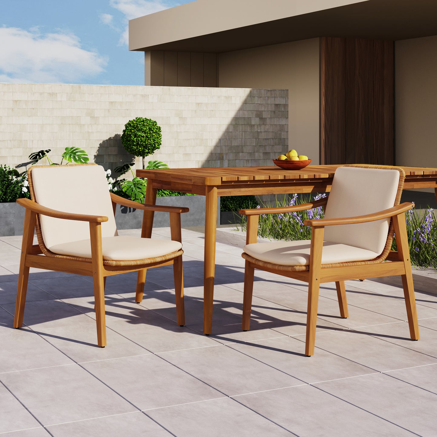 Outdoor Dining Chairs Set Of 2, Teak Color Acacia Wood Frame, Brown PE Wicker, Beige Waterproof Cushion, Ideal For Patios, Gardens