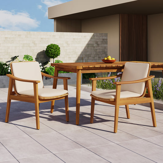 Outdoor Dining Chairs Set Of 2, Teak Color Acacia Wood Frame, Brown PE Wicker, Beige Waterproof Cushion, Ideal For Patios, Gardens