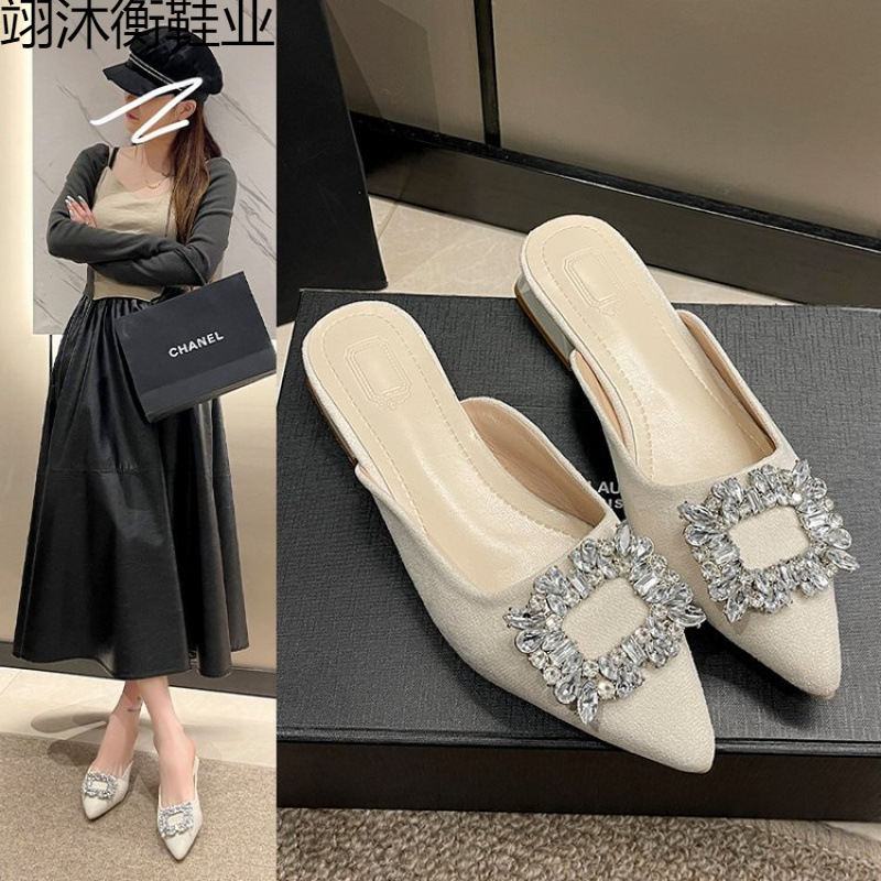 New Pointed-toe Rhinestone Chunky-heel Slip-on Sandals