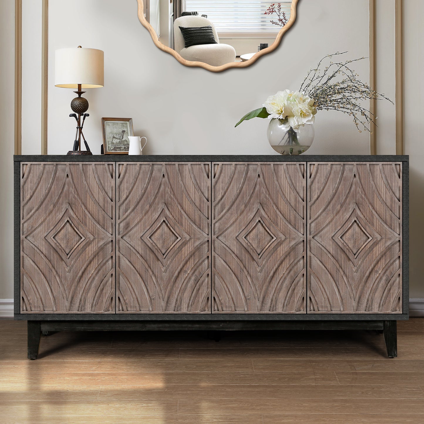 Mid Century Sideboard Buffet Cabinet With Solid Wood Legs 60  Kitchen Storage Cabinet Credenza With 4 Convex Pattern Diamond Doors And 2 Shelves Accent Console Table For Living Room  Entrance Hall Etc