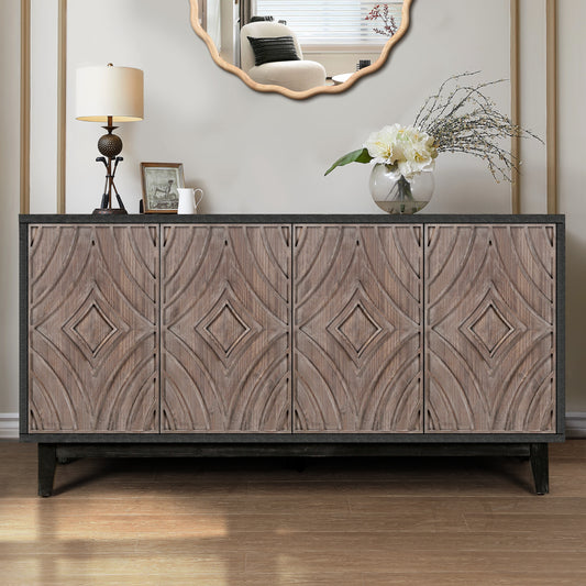 Mid Century Sideboard Buffet Cabinet With Solid Wood Legs 60  Kitchen Storage Cabinet Credenza With 4 Convex Pattern Diamond Doors And 2 Shelves Accent Console Table For Living Room  Entrance Hall Etc