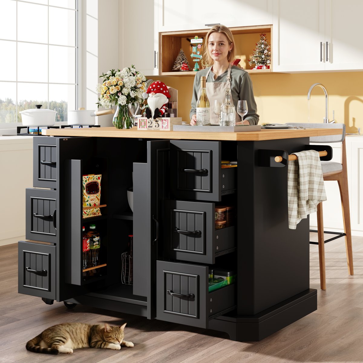 Mobile Kitchen Island Cart On Wheels - Cabinet With 2 Doors & 6 Drawers, Adjustable Width 45-75cm, White Black