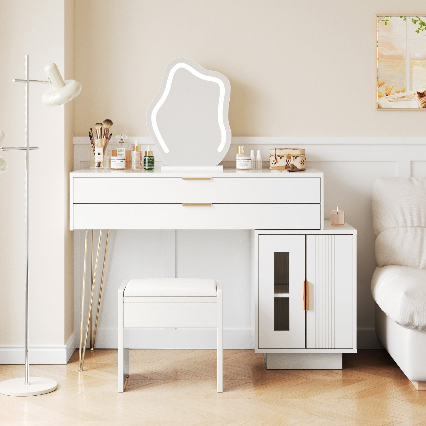 Makeup Table With LED Illuminated Mirror, White Makeup Table Set With Extendable Design, Modern Cosmetics Table For The Bedroom Dimensions B100-H78-T40 Cm Without Stool  Old Sku RN3190845AAW