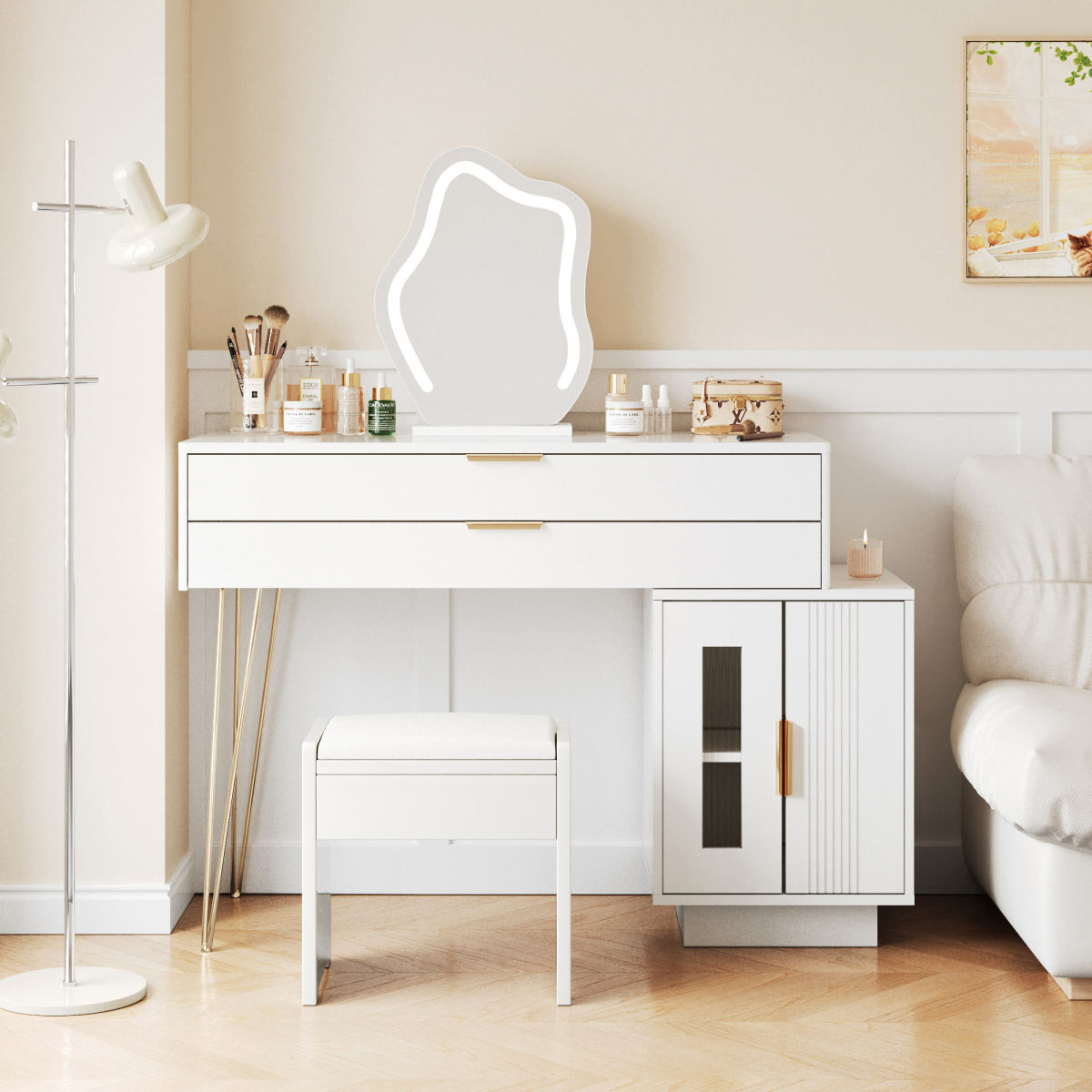 Makeup Table With LED Illuminated Mirror, White Makeup Table Set With Extendable Design, Modern Cosmetics Table For The Bedroom Dimensions B100-H78-T40 Cm Without Stool  Old Sku RN3190845AAW