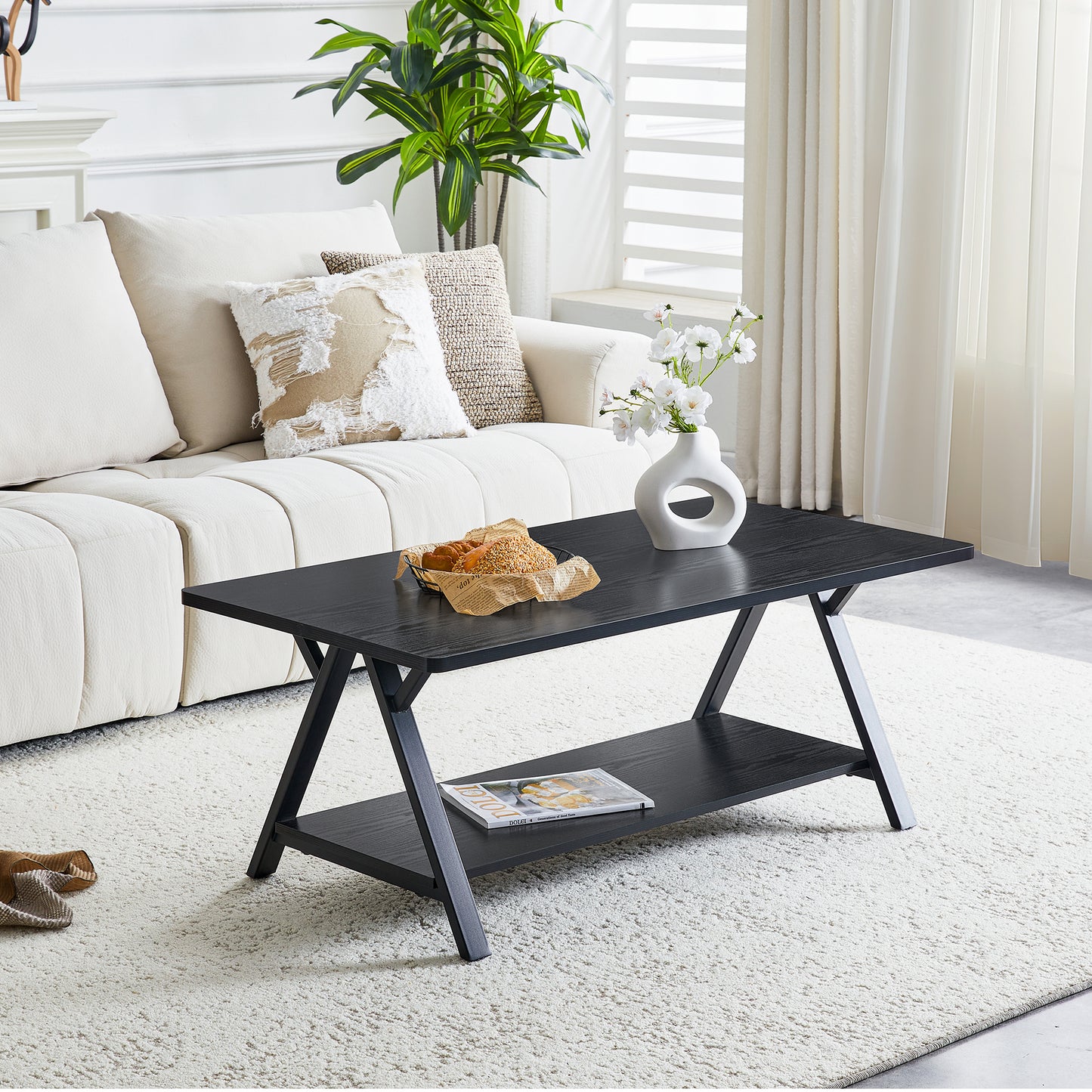 Modern Industrial Coffee Table With Storage Shelf, Black Wood Grain And Metal Frame, 110x57x44.5cm, Contemporary Living Room Table For Home Office, Apartment And Small Spaces