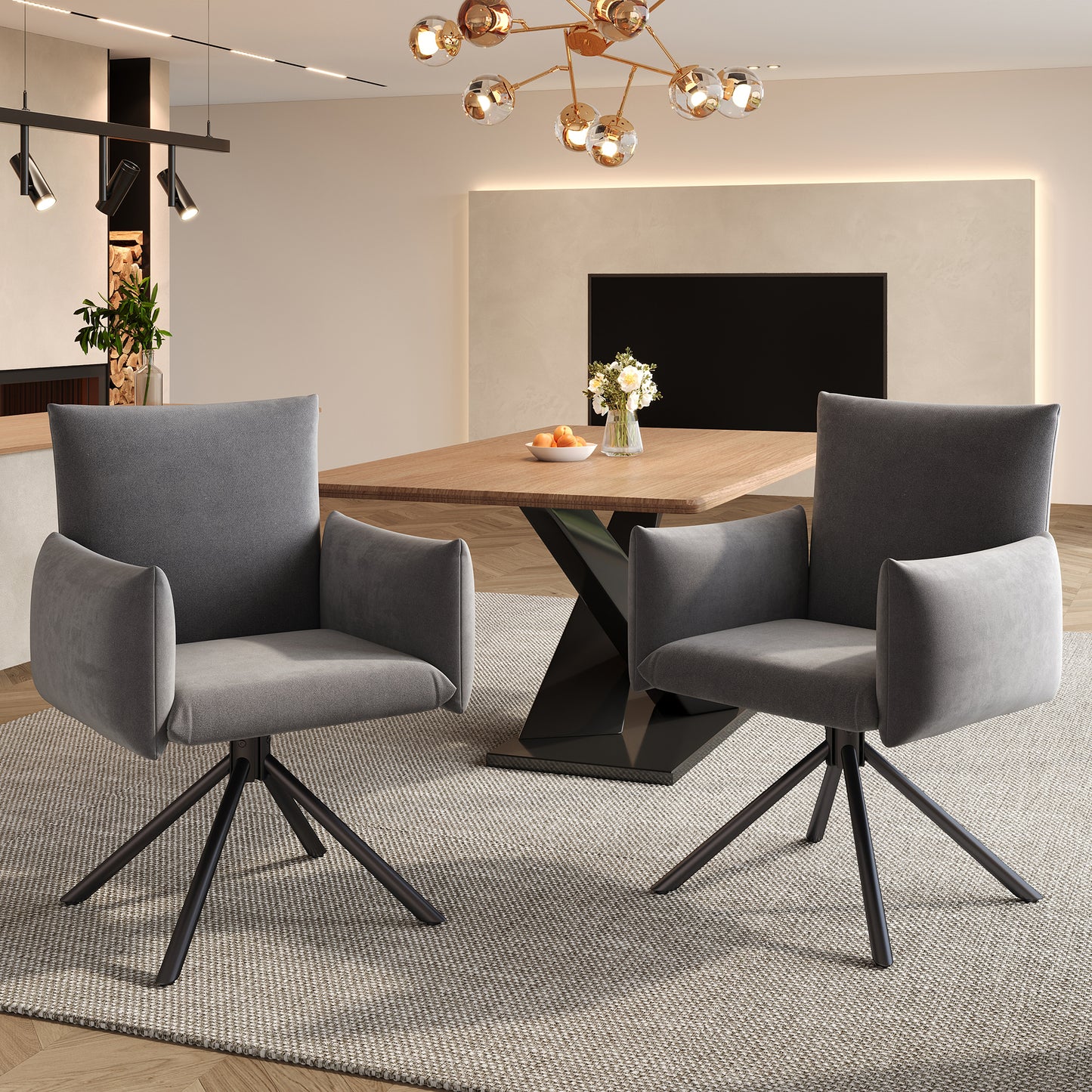Two Dining Chairs Set, Upholstered Armchair With 4 Metal Legs, 360 Casual Swivel Chair, Living Room Bedroom Chair, Work And Desk Chair, Lumbar Support, Velvet, Gray