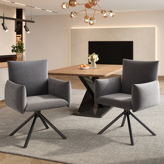 Two Dining Chairs Set, Upholstered Armchair With 4 Metal Legs, 360 Casual Swivel Chair, Living Room Bedroom Chair, Work And Desk Chair, Lumbar Support, Velvet, Gray