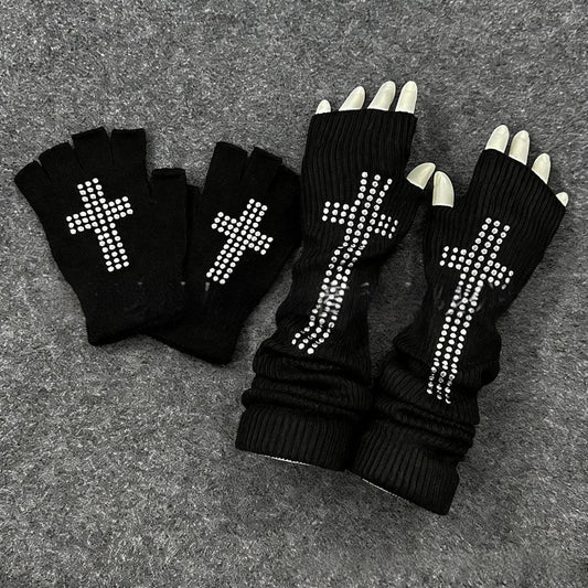 Knitted Cross-bead-print Fingerless Gloves Arm Warmers Headbands Hats And Tiestrendy Accessories