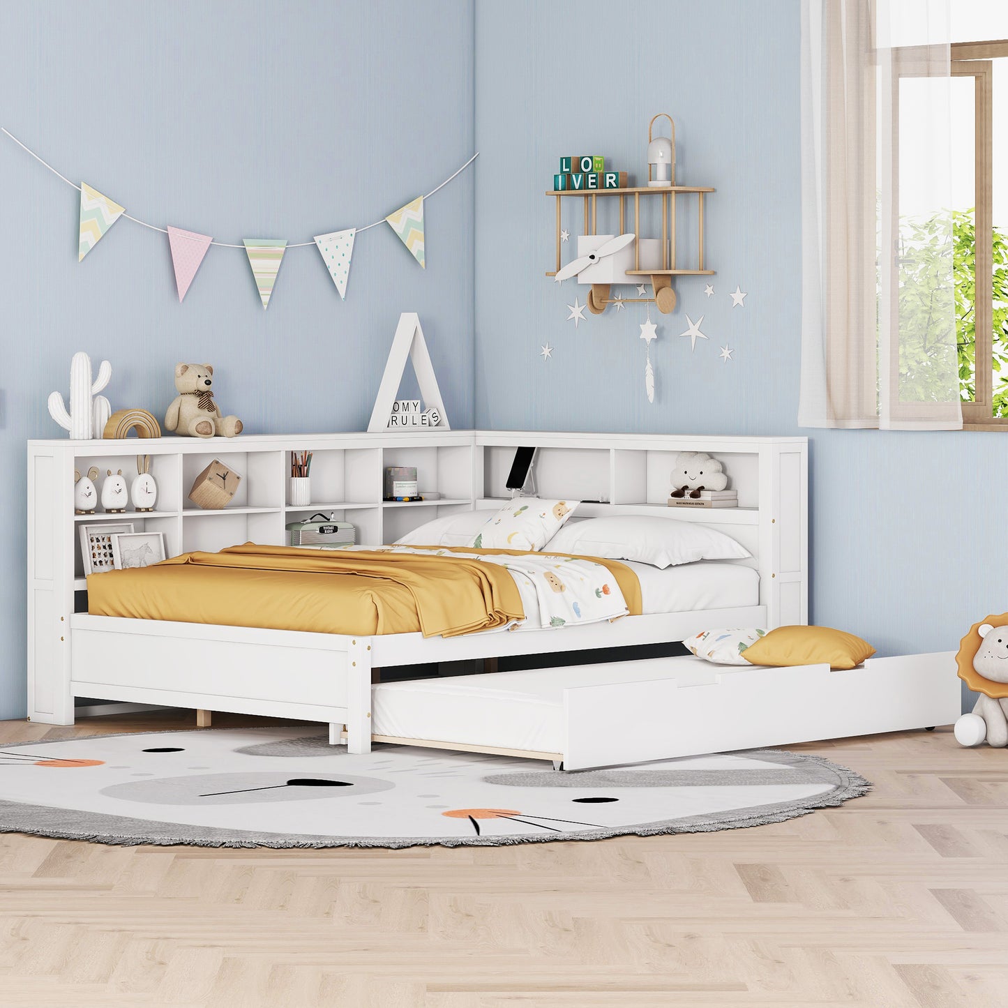 Wooden Full Size DayBed With Twin Size Trundle, DayBed With Storage Shelf And USB Charging Ports,White