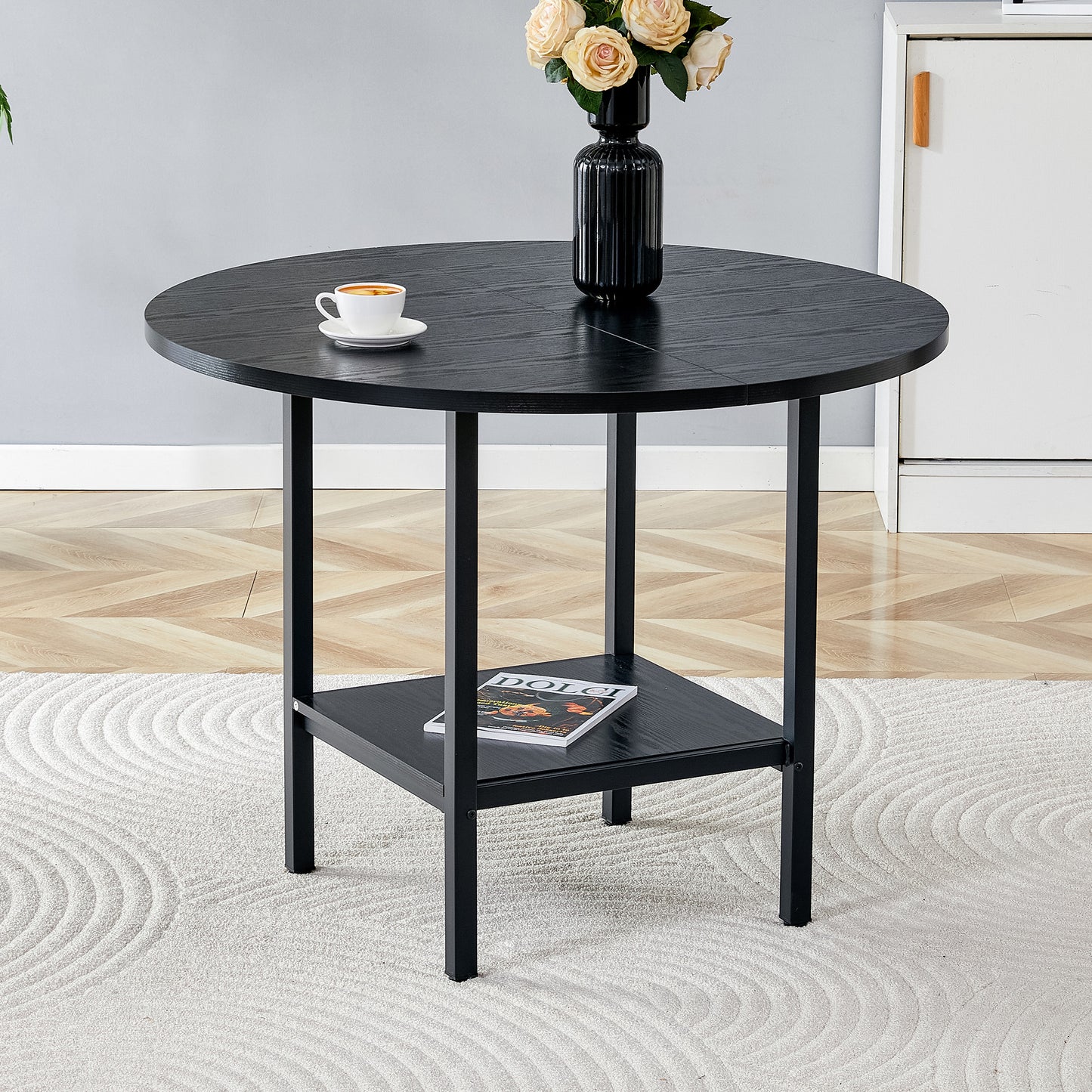 Modern Round Dining Table With Storage Shelf, Black Wood Grain And Black Metal Frame, Suitable For 4-6 People Dining Set, Ideal For Kitchen, Dining Room And Small Rooms