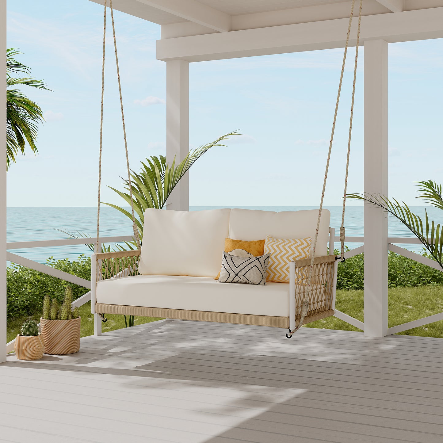 TREXM 1-Piece Woven Rope Outdoor Swing Sofa With Soft Cushions Seating 2 For Patio, Courtyard And Balcony  Beige