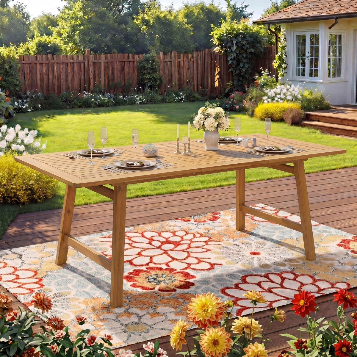 Extendable Acacia Wood Outdoor Dining Table, 59" to 78.74" Rectangular Patio Table with Slatted Top, Weather-Resistant Wooden Expandable Table for Backyard, Garden & Deck, Teak Finish