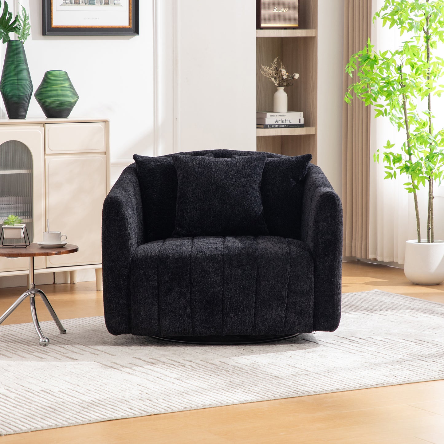 39 W Upholstered Oversized 360 Swivel Accent Barrel Chair And Half Cozy Sofa With 3 Pillows, Channel Tufted Pumpkin-Shape Club Armchair For Living Room, Bedroom, Office, Lounge, Chenille Black