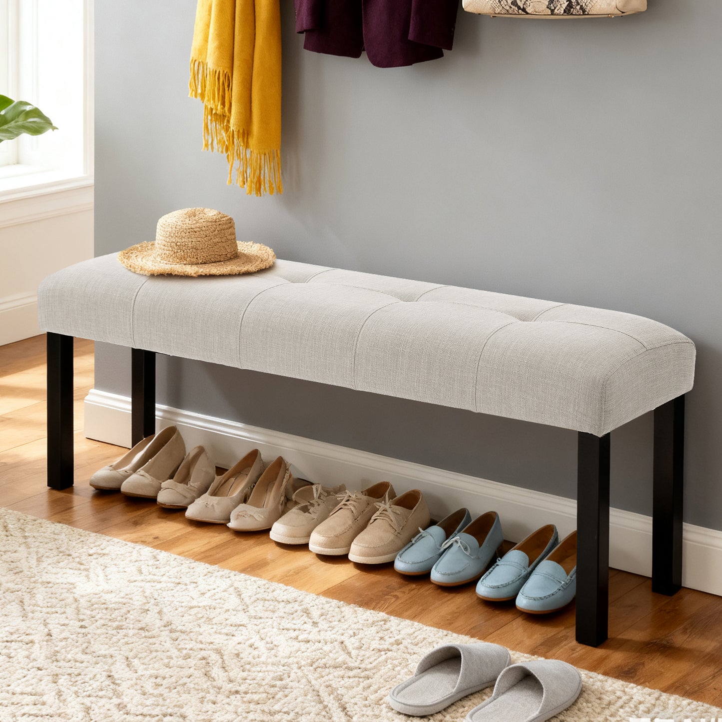 Modern Tufted Linen Dining Bench, Farmhouse Upholstered Entryway Bench With Black Rubber Wood Legs, Versatile For Kitchen, Bedroom, Hallway, Beige