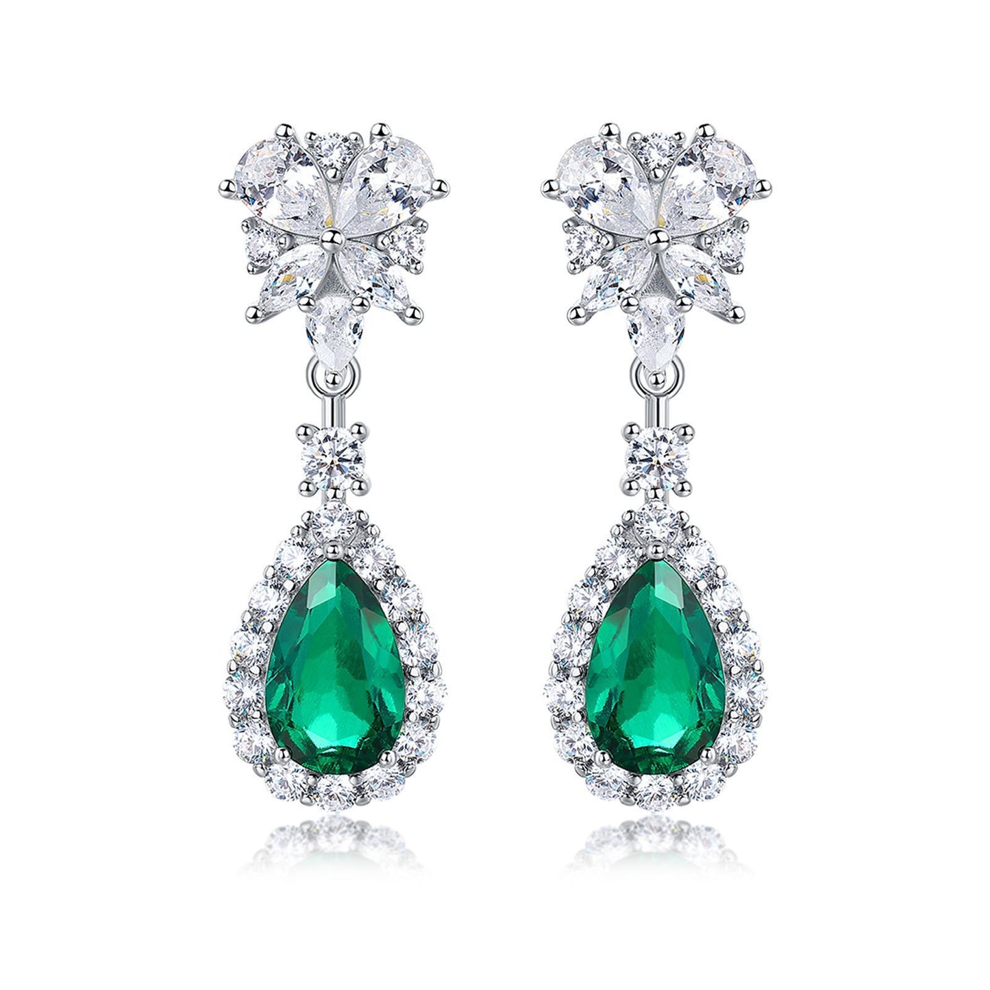 S925 Sterling Silver Teardrop Dangle Earrings, 7x11mm Lab-Grown Ruby Sapphire Emerald, Platinum Plated 4.5g Women's Jewelry Gift Box
