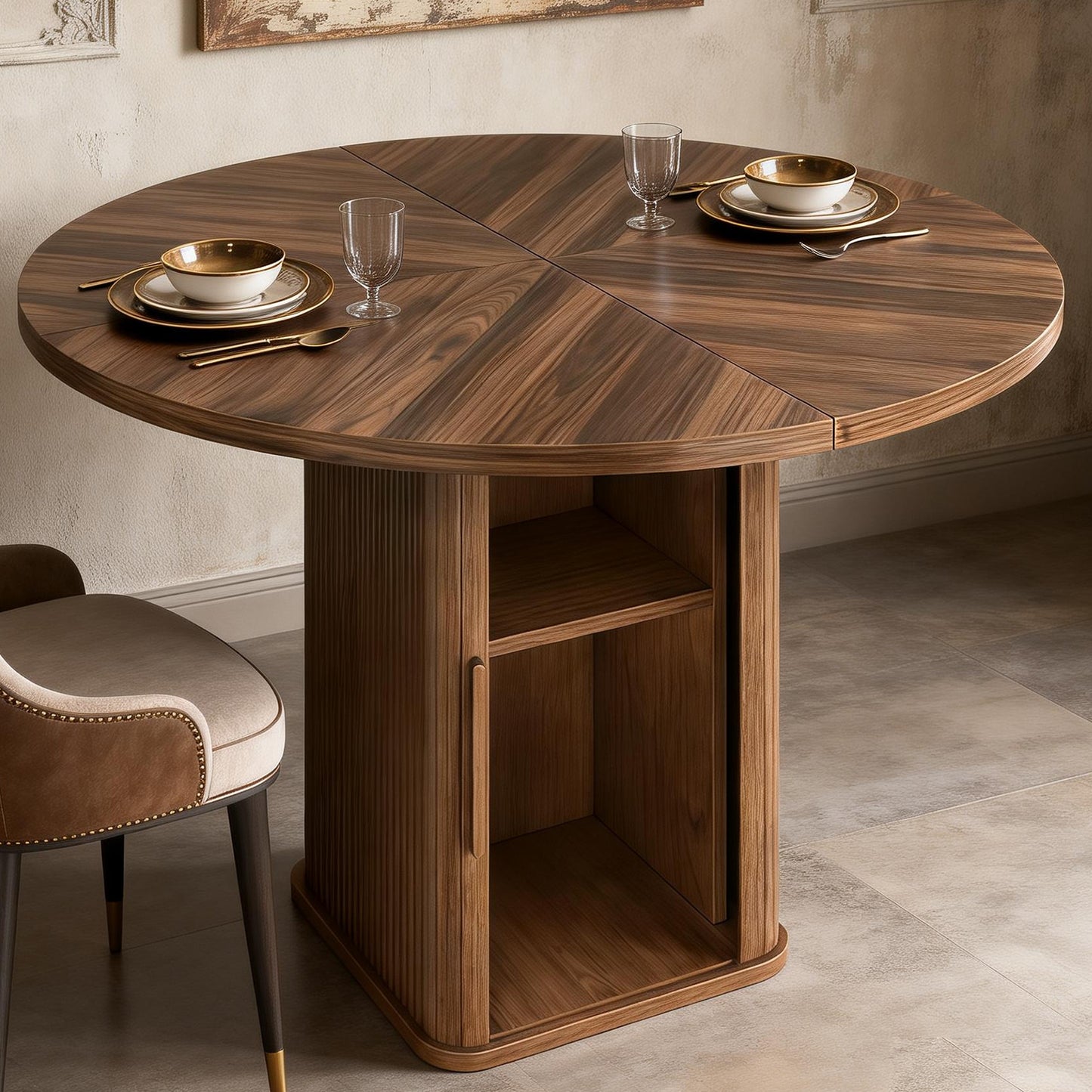 47in Dining Table Exquisite Round Table With 2 Storage Shelf Wood Slide Door And Wooden Base For Dining Room Home Kitchen Canteen