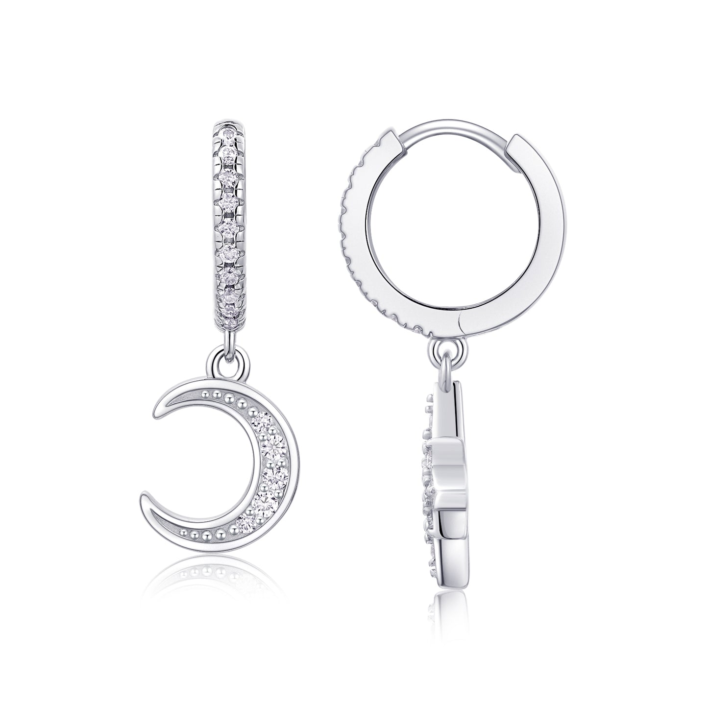 S925 Sterling Silver Star And Moon Huggie Drop Earrings, D-VVS1 Moissanite, Platinum Plated 4.2g Women's Celestial Jewelry Gift Box