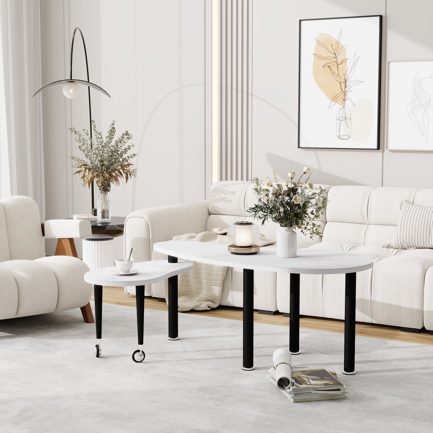 Contemporary Rotatable Cocktail Table With Solid Rubber Wood Legs, 360 Degree Rotating Coffee Table With 6mm White Sintered Stone Tabletop For Living Room, Bedroom, Balcony, Home Office