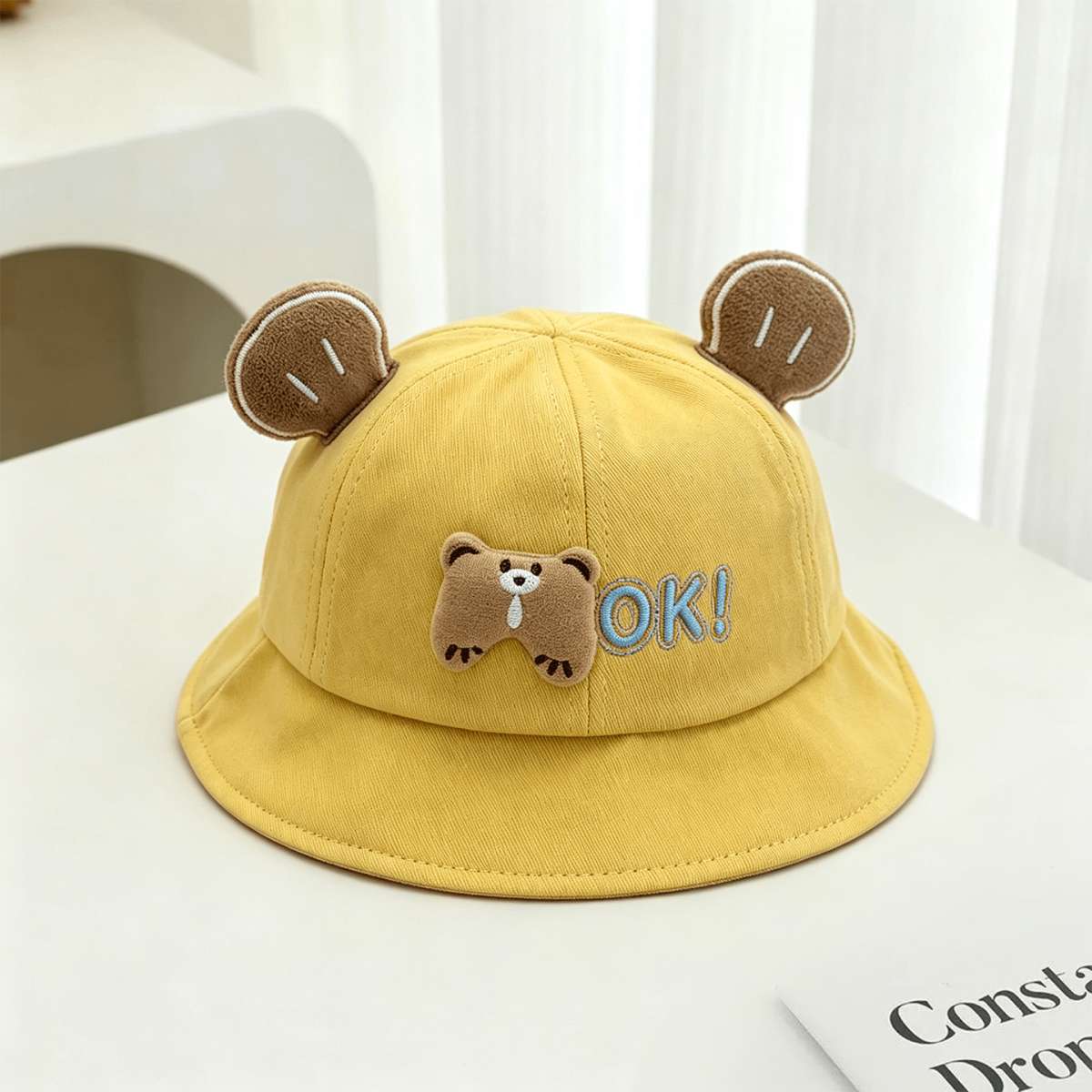 The New Boys And Girls' Ok Bear Decorative Round-top Children's Cap With A Cute And Soft Babyish Style Is Perfect For Outdoor Outings And Provides Shade.