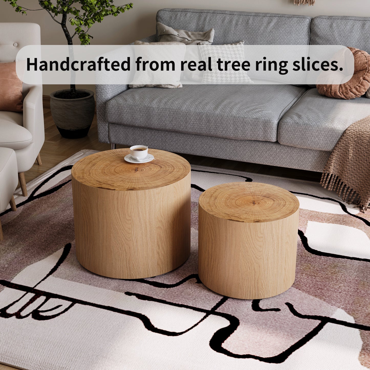 Nesting Coffee Table Set Of 2, Modern Round Coffee Table, Wooden Circle Accent Tables For Small Spaces Living Room Bedroom Balcony Office Drum Side Table, Natural Wood With Real Tree Ring