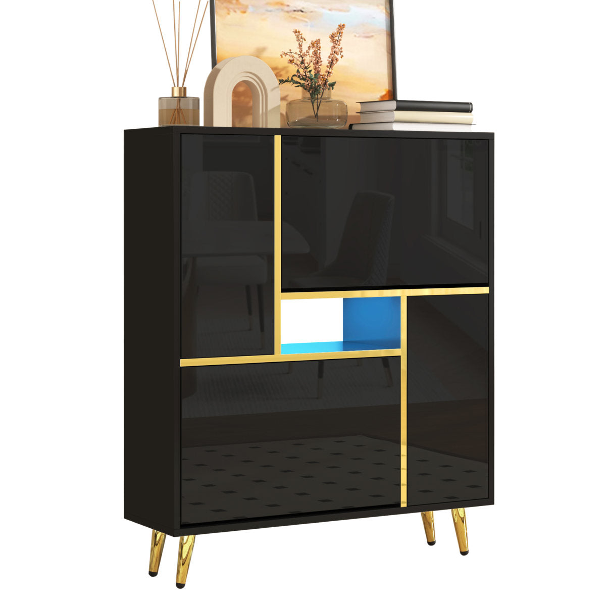 Modern Shoe Cabinet, Black Shoe Cabinet With High-gloss Front And 16-color LED Light  80 X 25 X 96 Cm