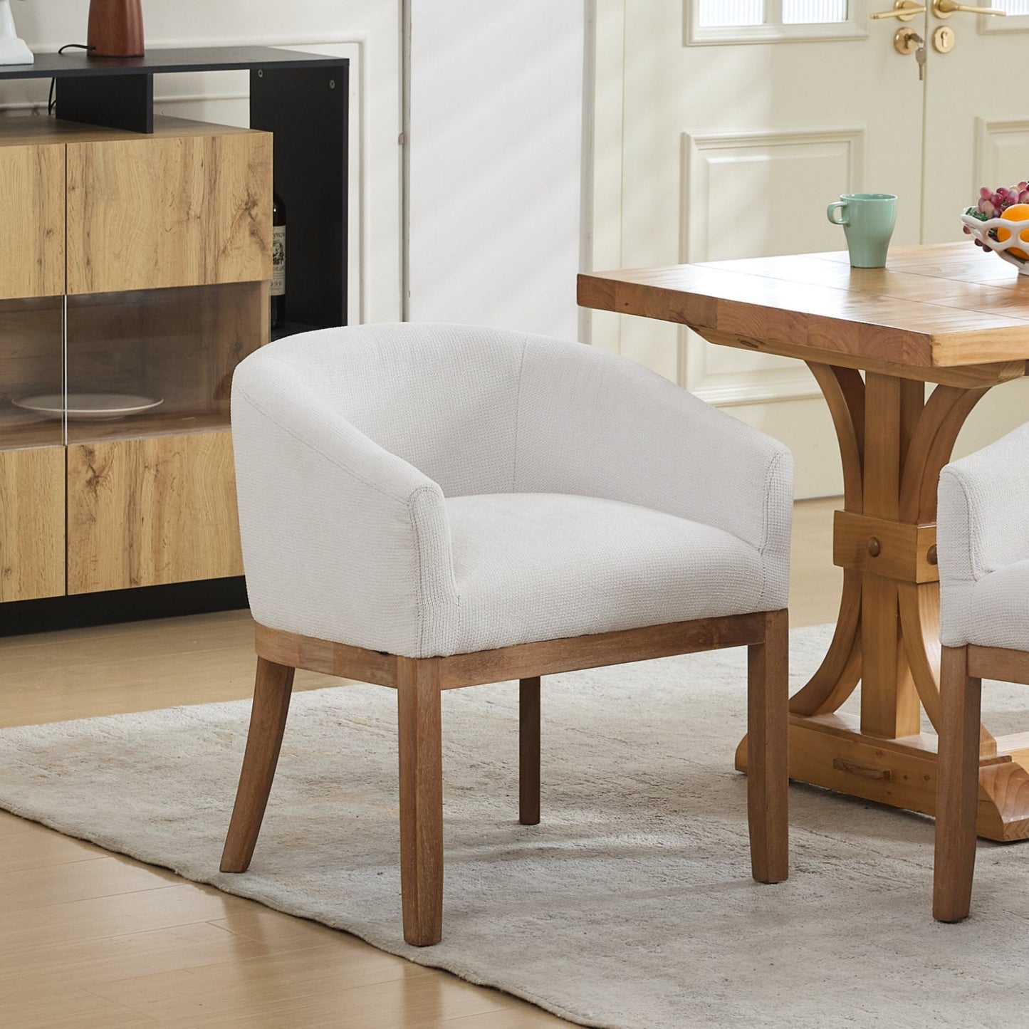 Mid Century Modern Upholstered Barrel Dining Chairs With Arms,Farmhouse Linen Kitchen & Dining Room Chairs With Natural Hardwood Frame, 19IN W Accent Chairs For Living Room,Single Pack,Beige,DE1891BG