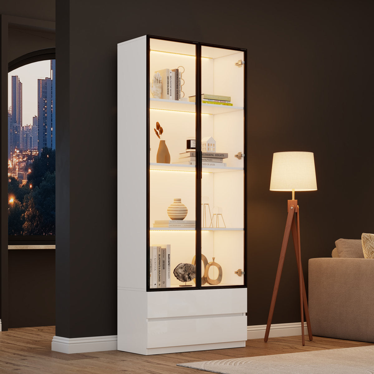 80 X 34 X 200 Cm Display Cabinet, Tall Cabinet With LED Lights, Living Room Side Cabinet With 2 Doors, Display Cabinet With 2 Drawers, Storage Shelves, Bookcase, Display Shelf, Aluminum Frame, White