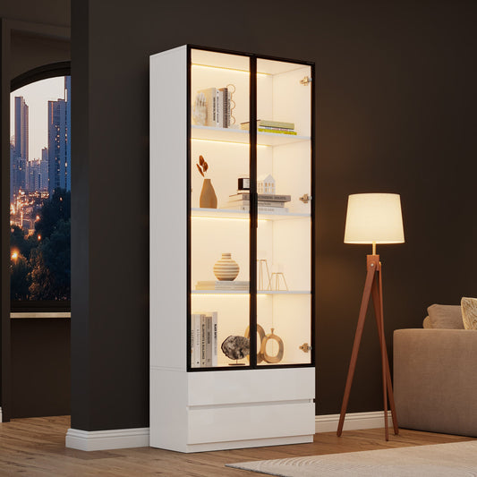80 X 34 X 200 Cm Display Cabinet, Tall Cabinet With LED Lights, Living Room Side Cabinet With 2 Doors, Display Cabinet With 2 Drawers, Storage Shelves, Bookcase, Display Shelf, Aluminum Frame, White