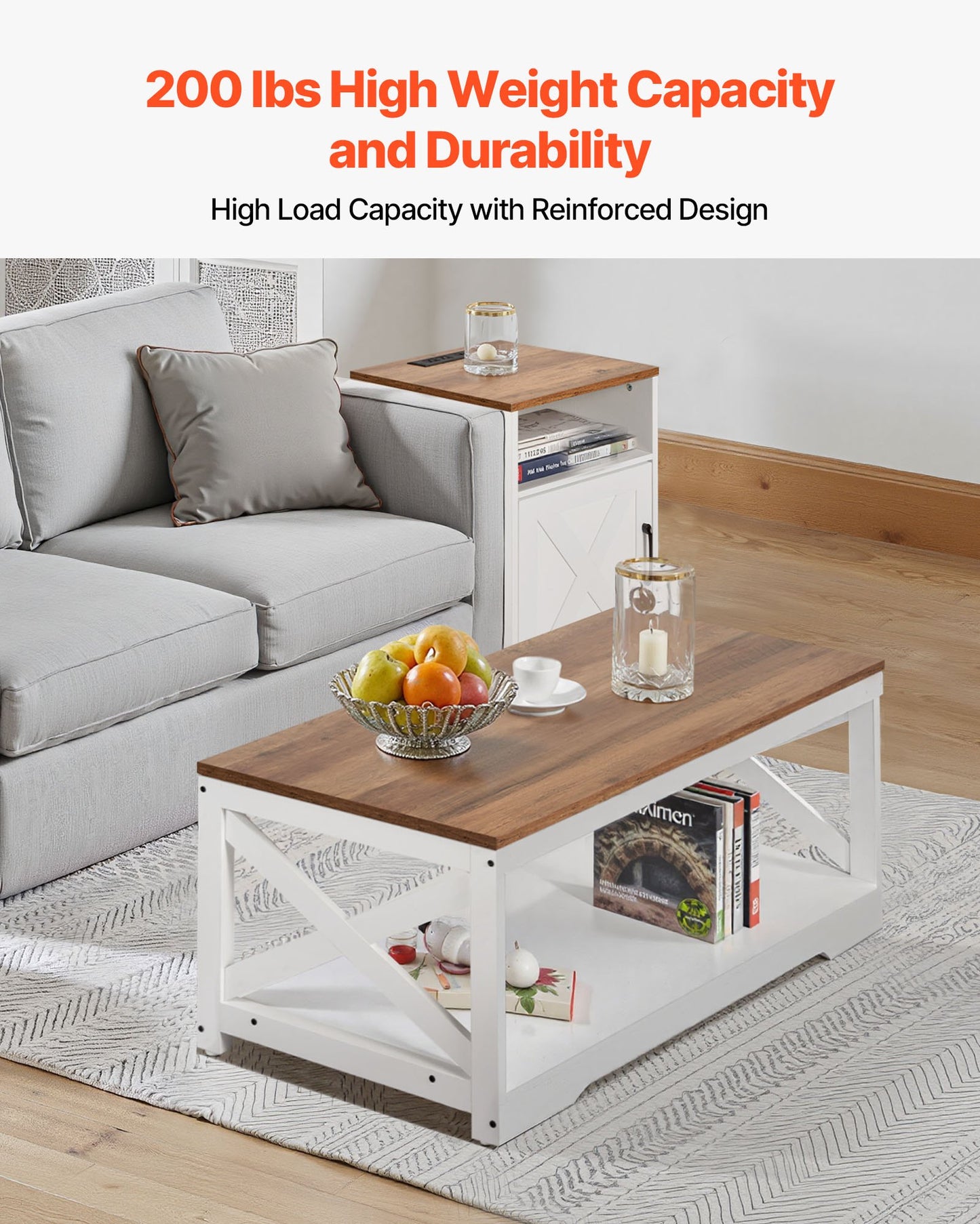 3 Pieces Farmhouse Coffee Table Sets, 40 In Industrial Coffee Table With 2 End Side Tables, Easy Assembly Coffee And End Tables Sets With Charging Station, For Office, Living Room & Apartment