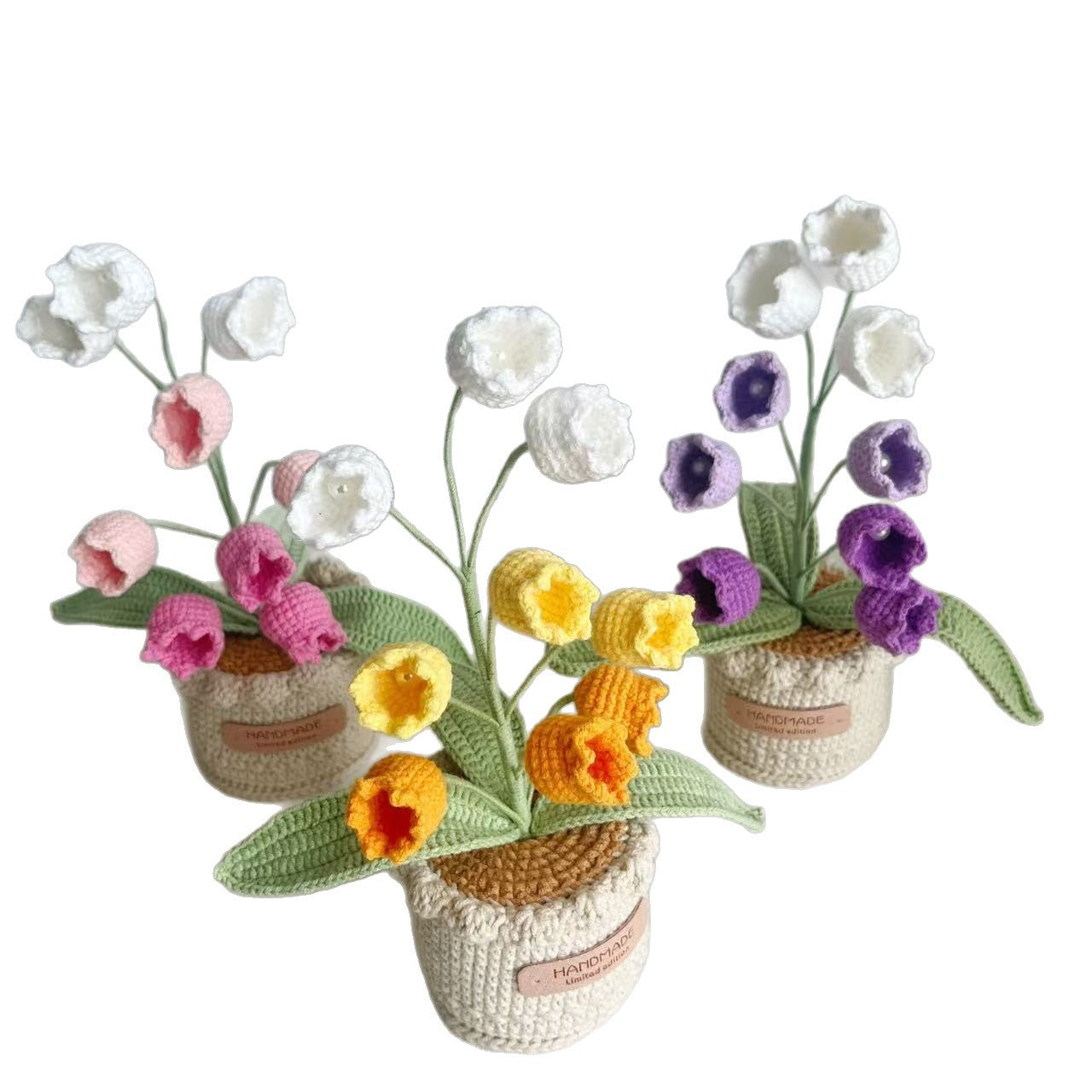 Hand Crocheted Lily Of The Valley Artificial Flowers  Potted Arrangement Decor For Indoor Table Living Room Bedroom