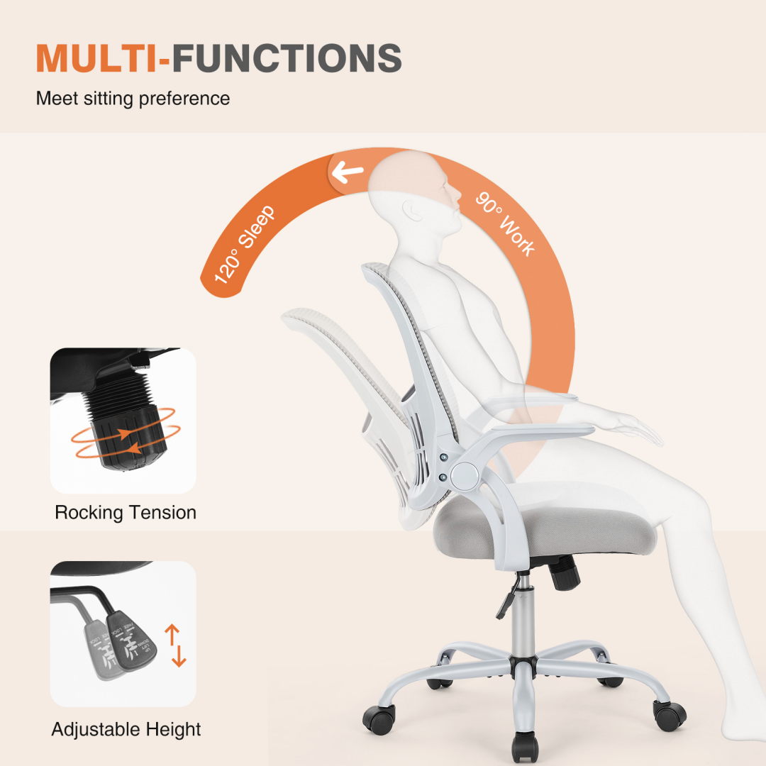 Home Office Computer Chair - Ergonomic Mid Back Desk With Lumbar Support And Rocking Mode, Height Adjustable With Fixed Armrest