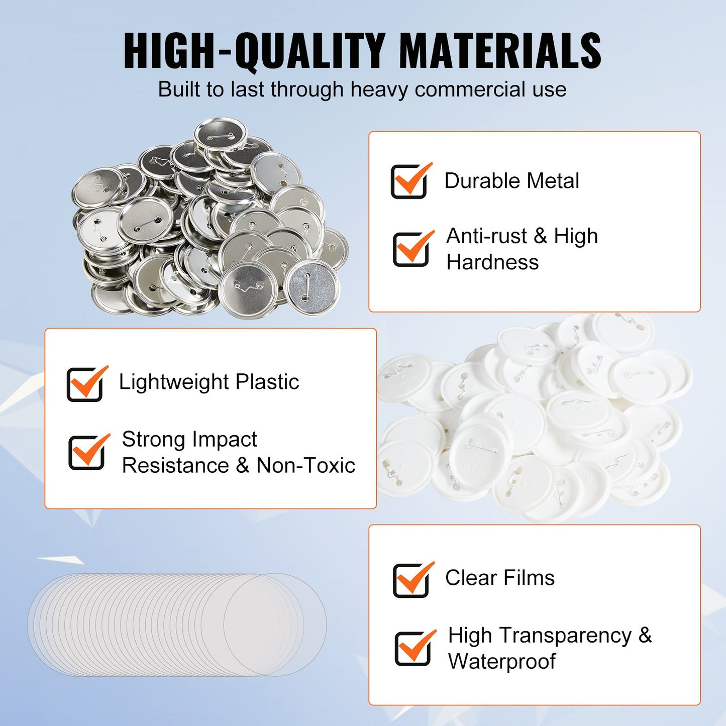500 Sets 2.25 Inch 58mm Pin Back Button Parts, DIY Round Button Badge Parts, Set Includes Metal Top, Plastic/Metal Button, Clear Film, And Blank Paper For Gifts Presents, Machine NOT Included
