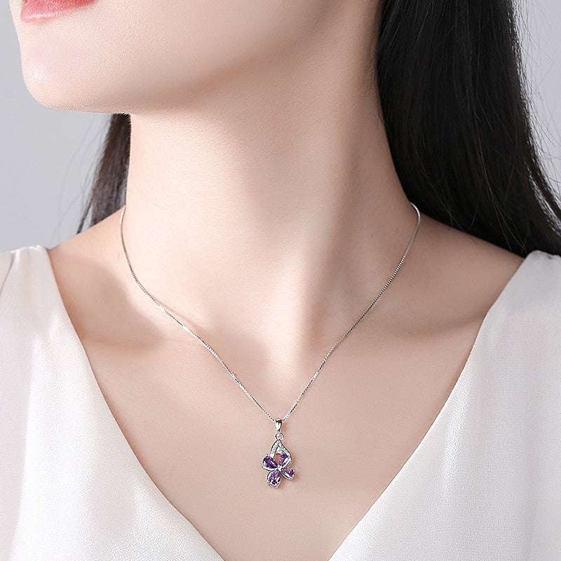 925 Sterling Silver Pendant Purple Diamond Butterfly Necklace Korean Style