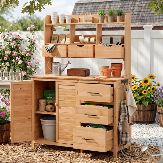 With Assembly Video  TOPMAx Farmhouse Patio Potting Bench  44.6 X19.5  Large Freestanding Garden Workstation With 6 Drawers  Bottom Cabinet And Side Hook  Outdoor Kitchen Island  Natural Wood