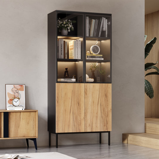 Glass-fronted Display Cabinet, 180 Cm High Cabinet With LED Lights, Bookcase, 5-tier Glass Display Case For Collectibles, Bookshelf, Office, Black Oak