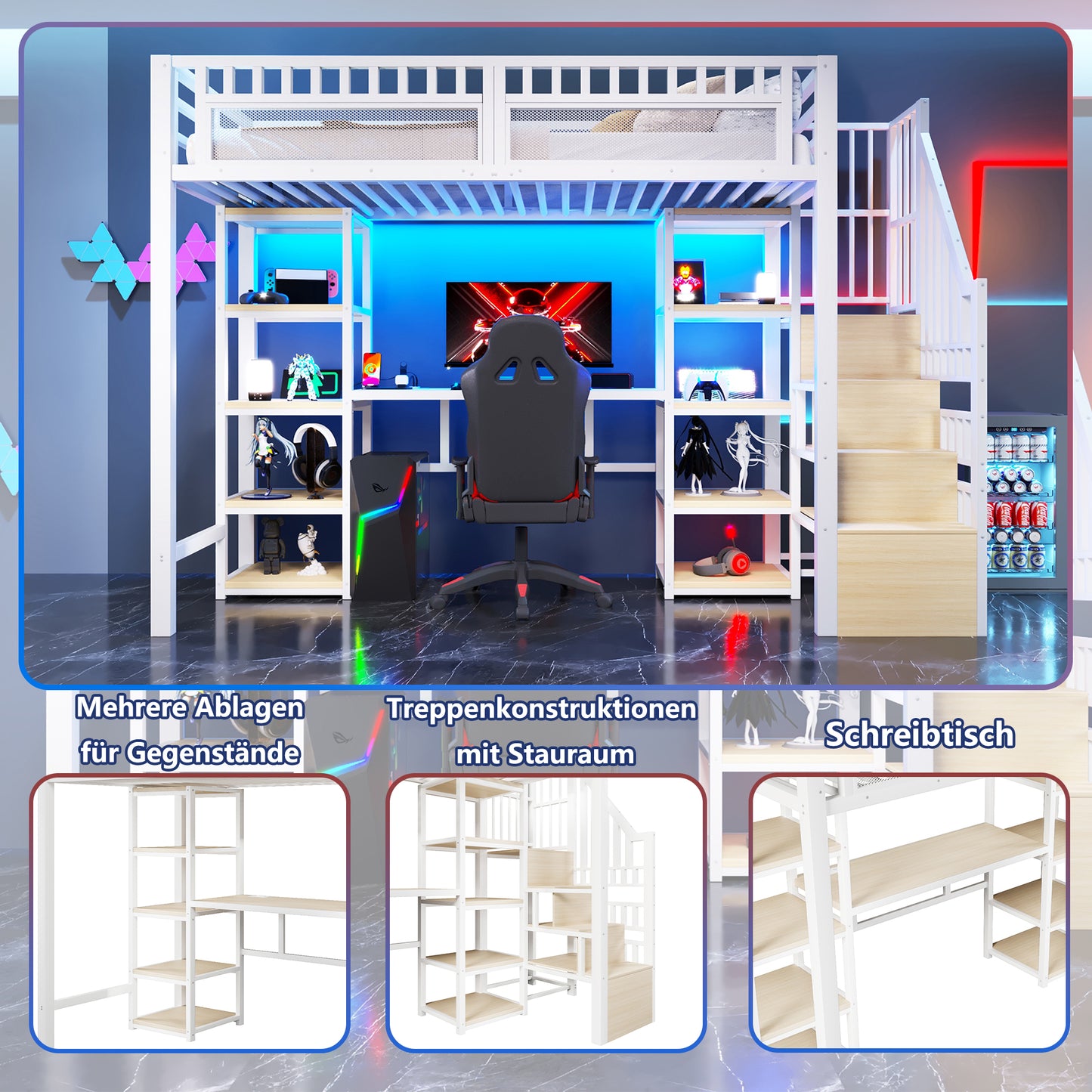 Loft Bed, 90 X 200 Cm, Iron Frame, Storage Compartment, Ladder With Storage Space, Desk, LED Light Strip, USB Port Included, Without Mattress, White