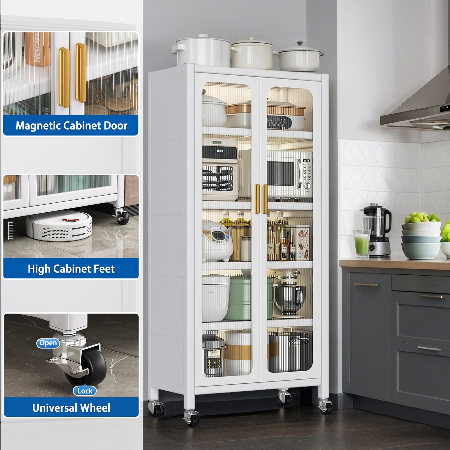 65  Kitchen Pantry Storage Cabinet, 6 Tier Metal Display Storage Cabinet With Transparent Door, Adjustable Shelves & Wheels, Food Pantries Cabinets, For Kitchen, Living Room And Dining Room, White