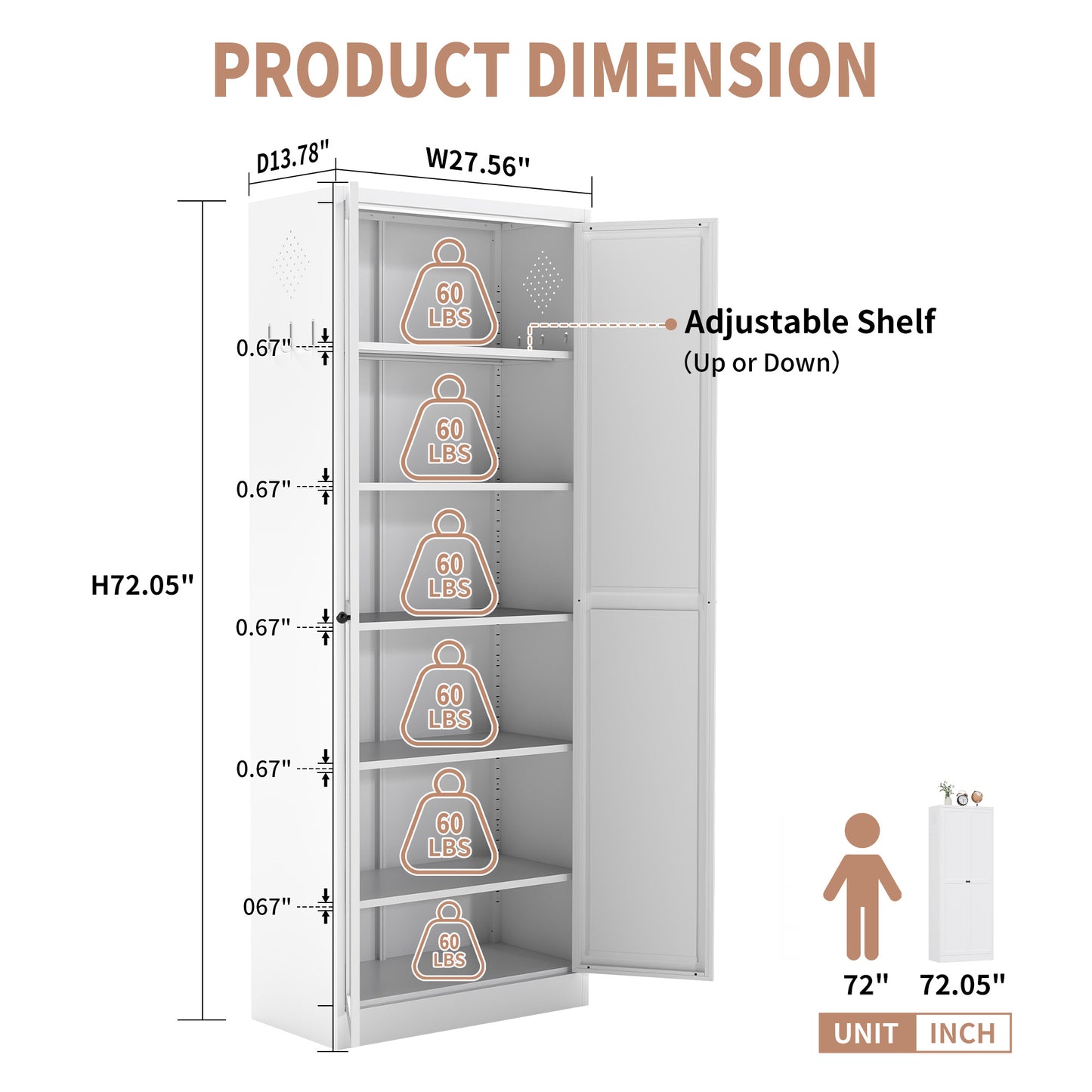 72  White Metal Kitchen Pantry Cabinet With Doors, Heavy-Duty Freestanding Storage Organizer With 5 Adjustable Shelves, Tool-Free Assembly For Pantry, Kitchen, Bathroom