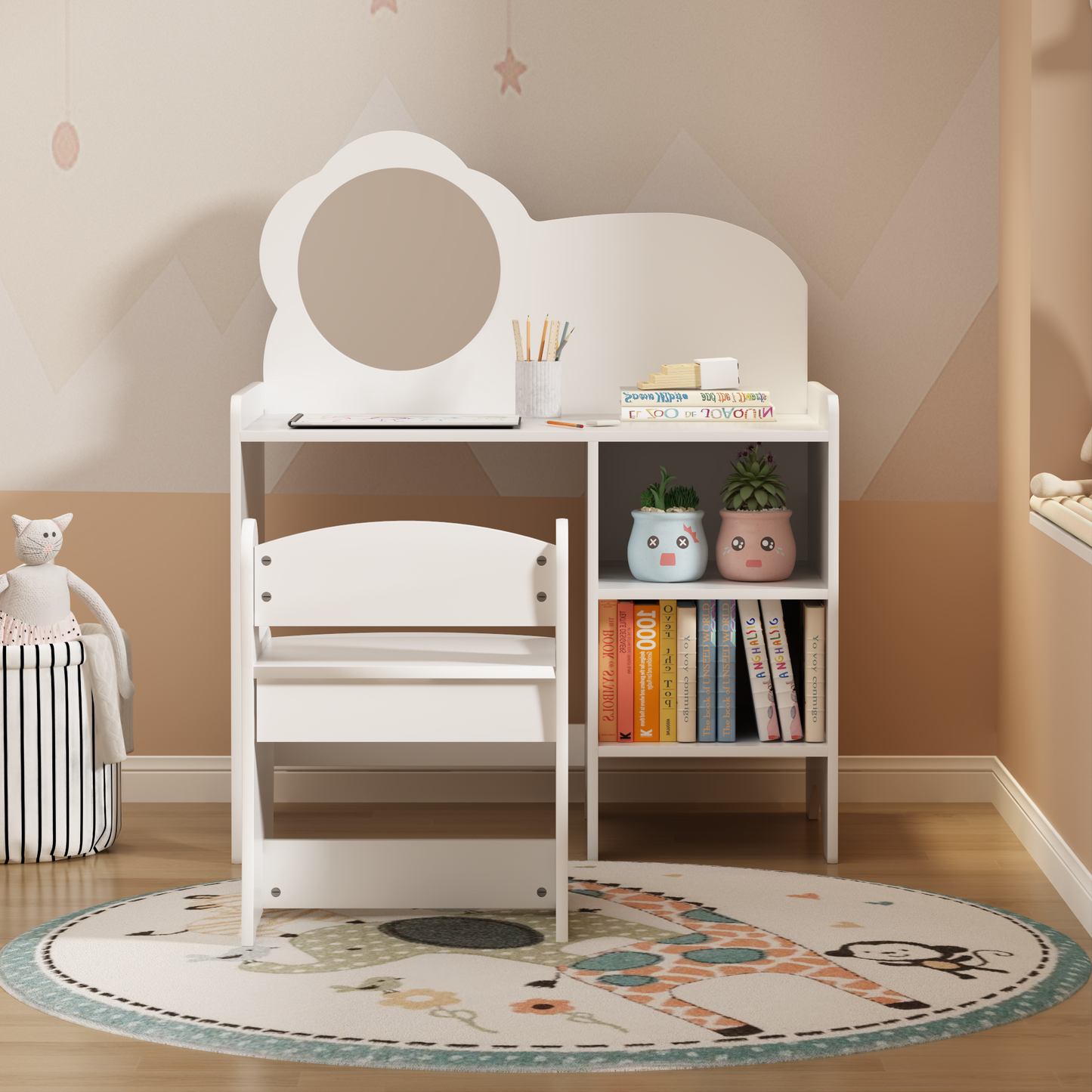 Kids Vanity Table With Mirror And Chair, Wooden Children's Dressing Makeup Desk With Storage Shelves, Study And Activity Table For Girls And Boys, Playroom Bedroom Furniture - White