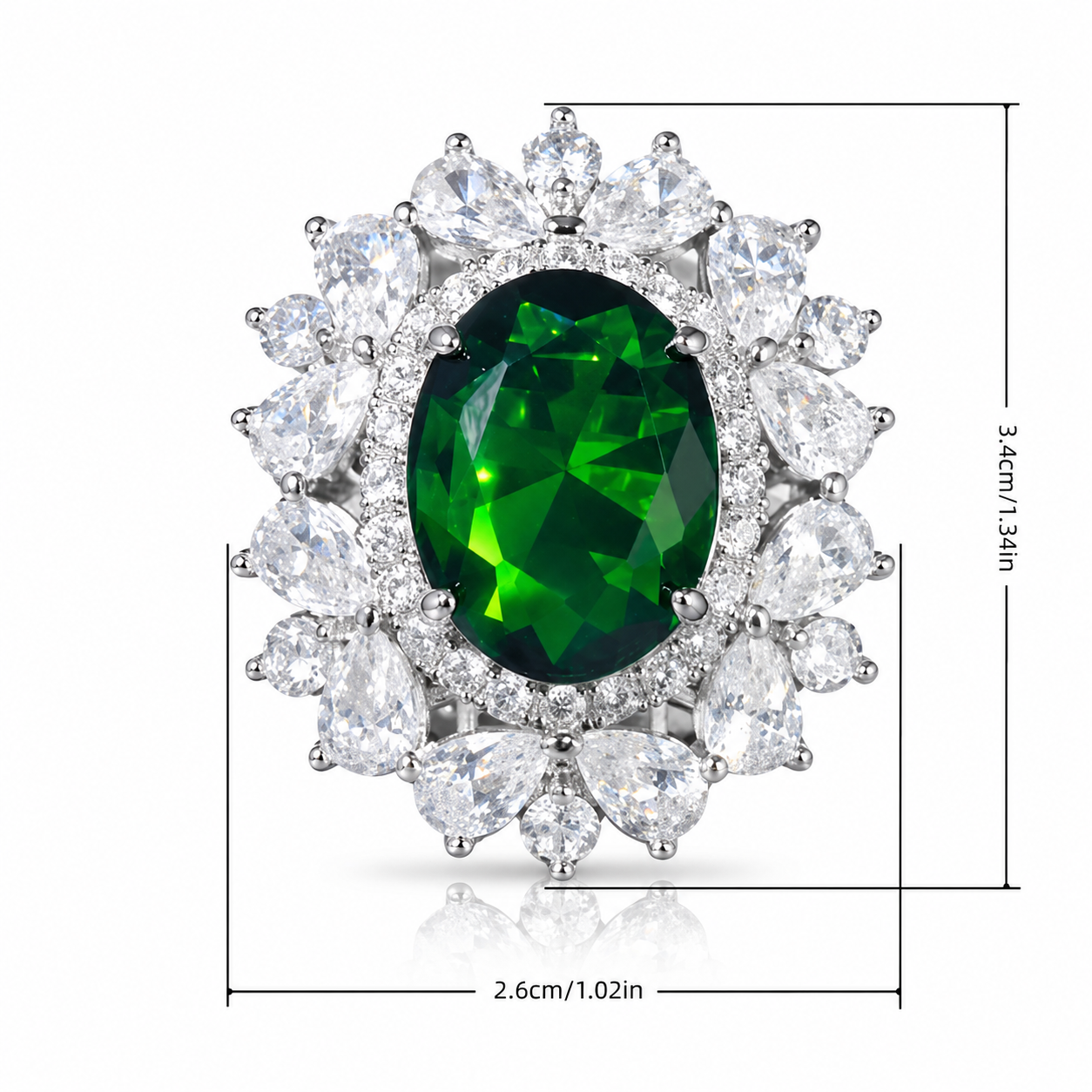 Oval Large Green Emerald CZ Multi-Petal Floral Halo Open Adjustable Statement Ring For Women, Copper Silver Plated Pear White Crystal Luxury Banquet Wedding Jewelry Gift