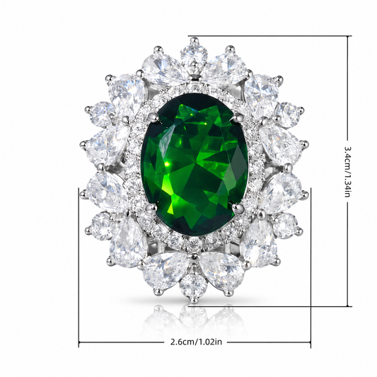 Oval Large Green Emerald CZ Multi-Petal Floral Halo Open Adjustable Statement Ring For Women, Copper Silver Plated Pear White Crystal Luxury Banquet Wedding Jewelry Gift