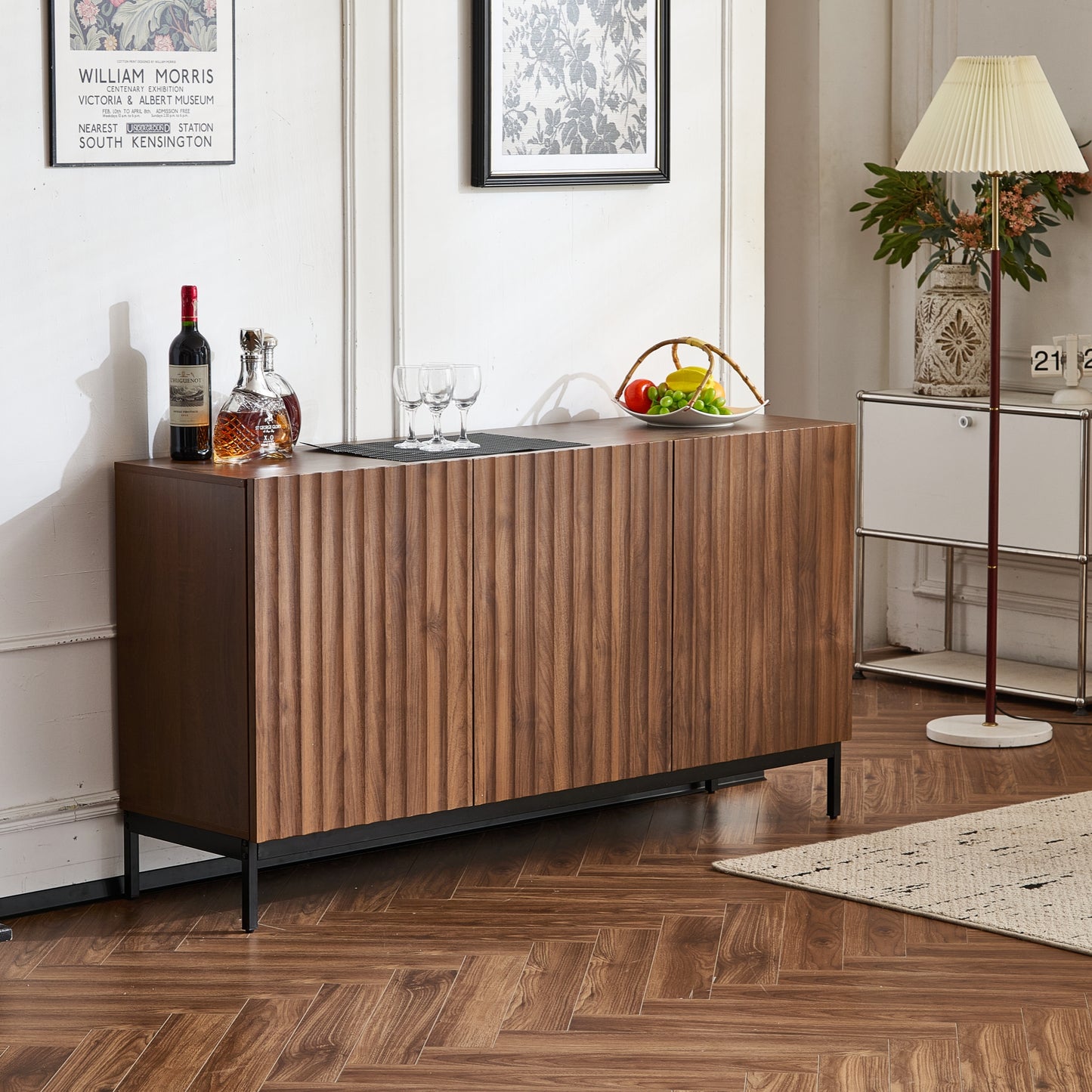150x40x80cm Oak Dark Grained, Sideboard, Mid-Century Modern Decorative Cabinet, 3 Doors, Wavy 3D Design, Adjustable Shelves, Anti-Tilt Protection-Stylish Storage For Living Room, Dining Room, Office
