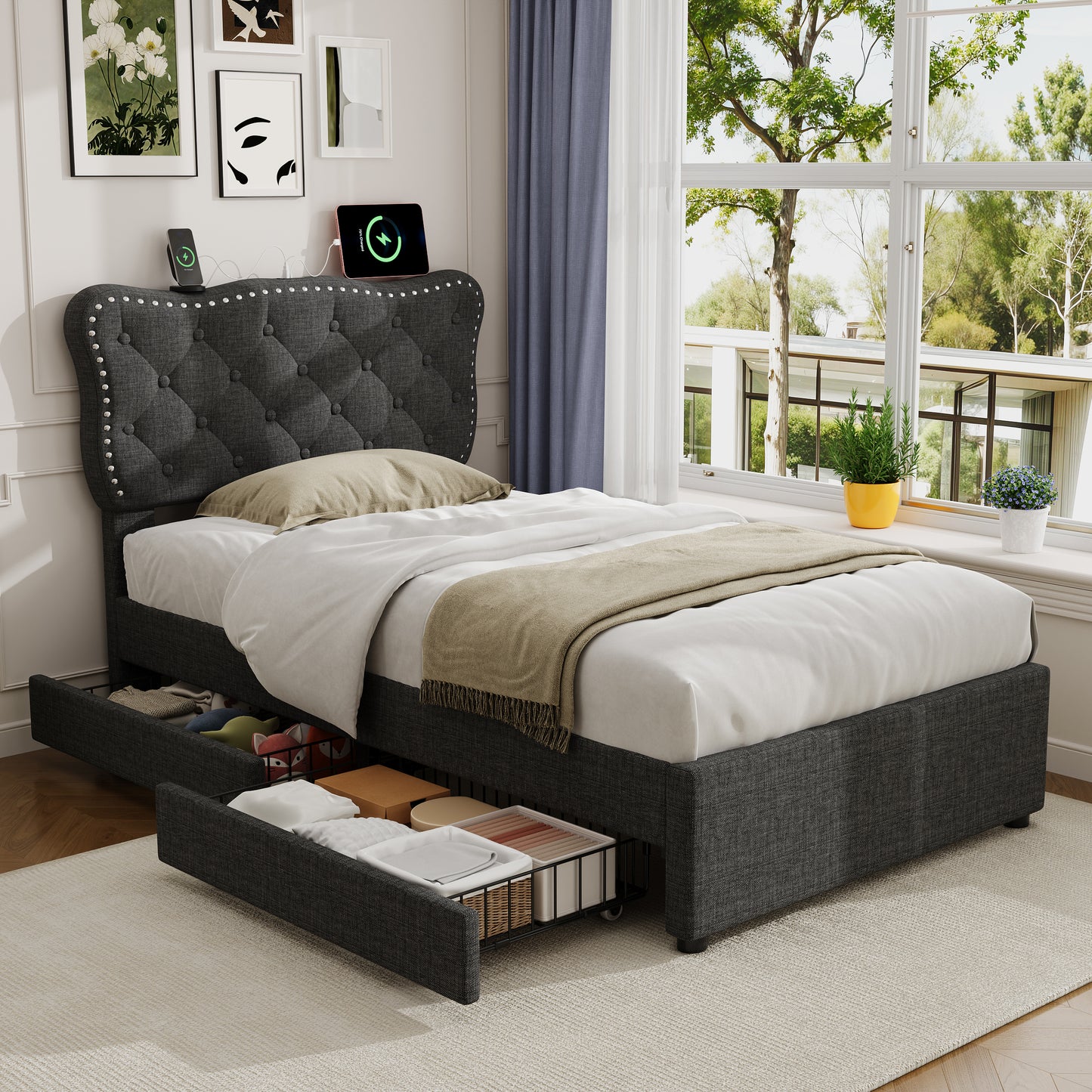 3ft Single Upholstered Bed With Rivet Design And Charging Station, Two Storage Drawers, Adjustable Button Tufted Headboard With USB & Type-C Ports, No Box Spring Needed, Linen, Grey  No Mattress