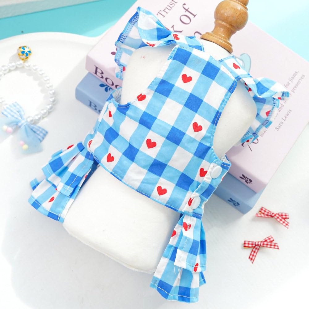 Red Plaid Small Dog Dress Girl Spring Cat Clothes With Heart Pattern Summer Pet Dresses For Dogs Cats Cute Puppy Outfit For Small Dog With Leash Ring