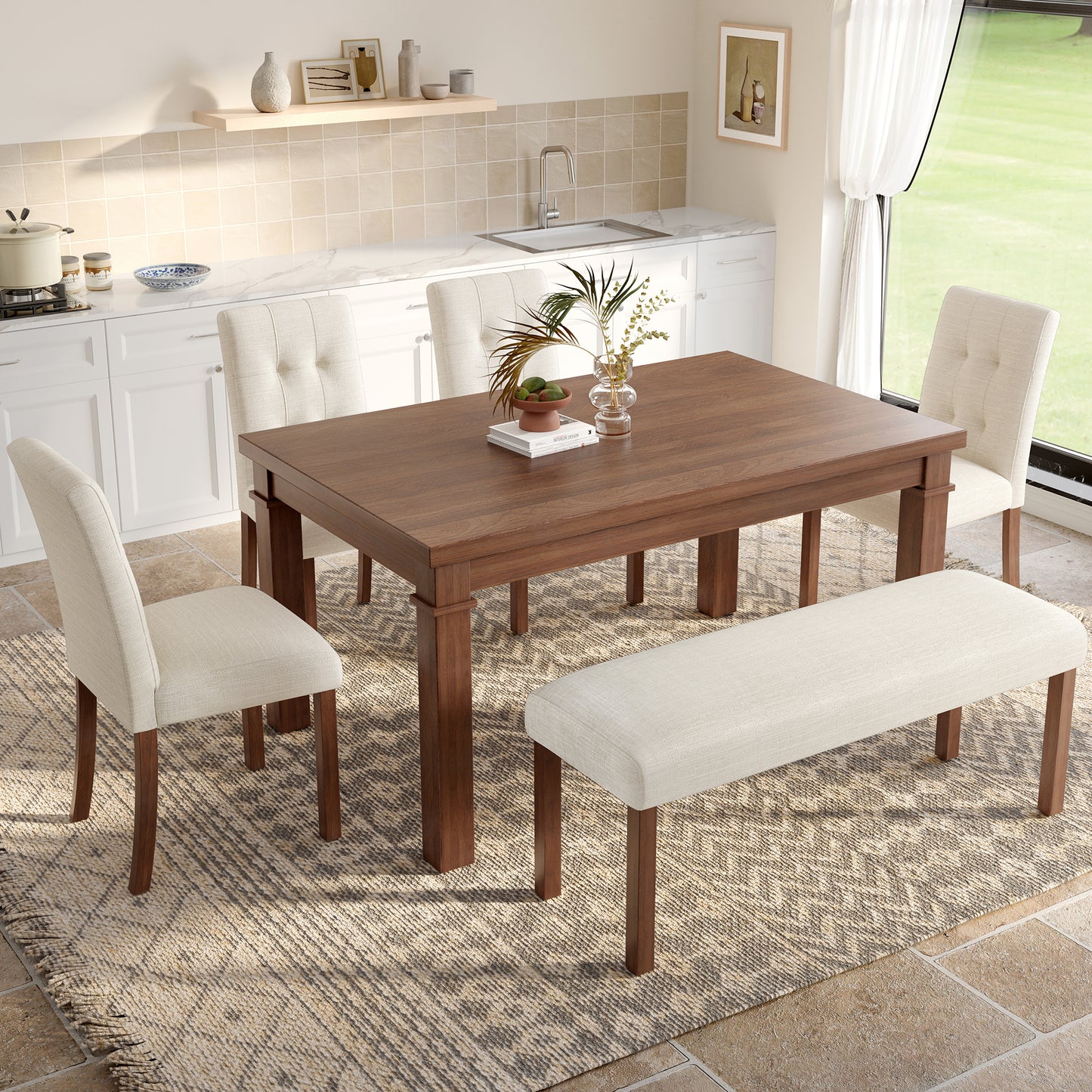6-Piece Modern Dining Set, Rectangle Kitchen Table With 4 Upholstered Chairs & Bench, Ideal For Dining Room And Living Room,  Easy Assembly, Space Saving