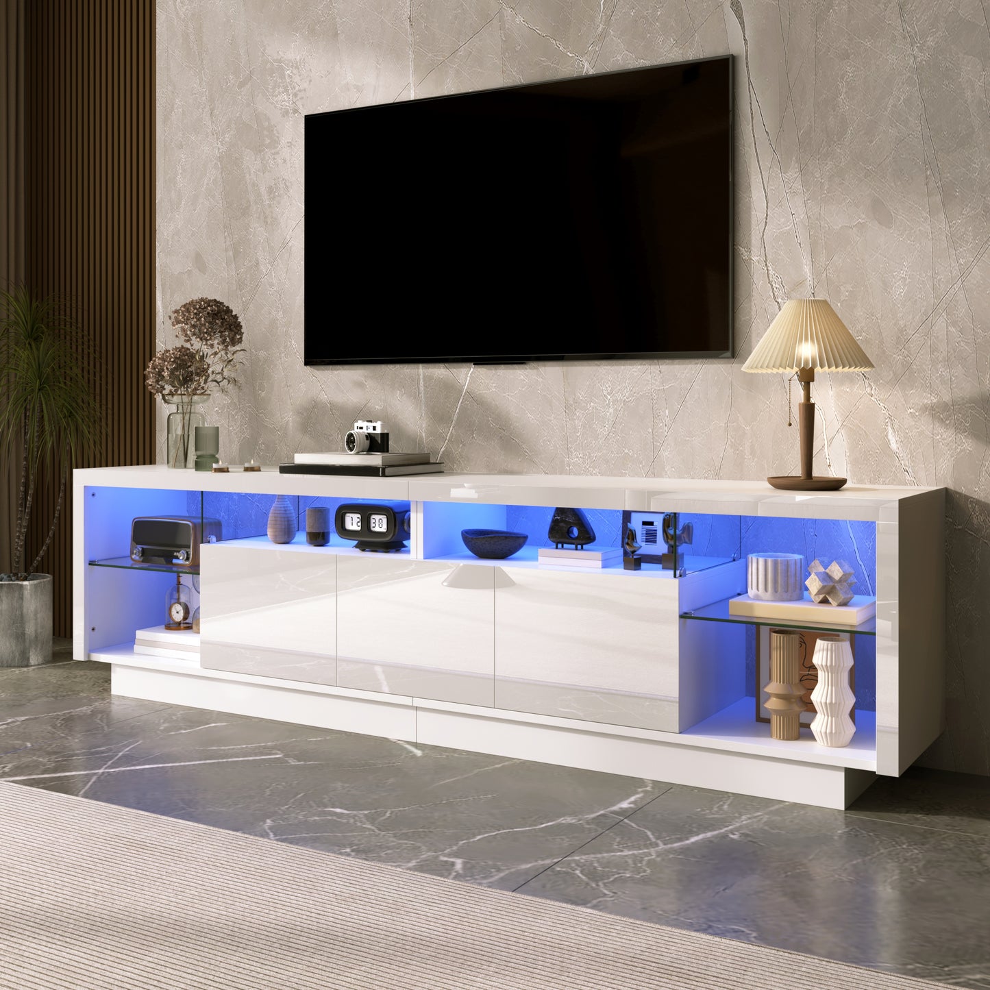 Modern TV Cabinet With Three High-gloss Doors, Transparent Glass Compartments Made Of PB, Multi-coloured LED Ambient Lighting That Can Be Controlled Via App