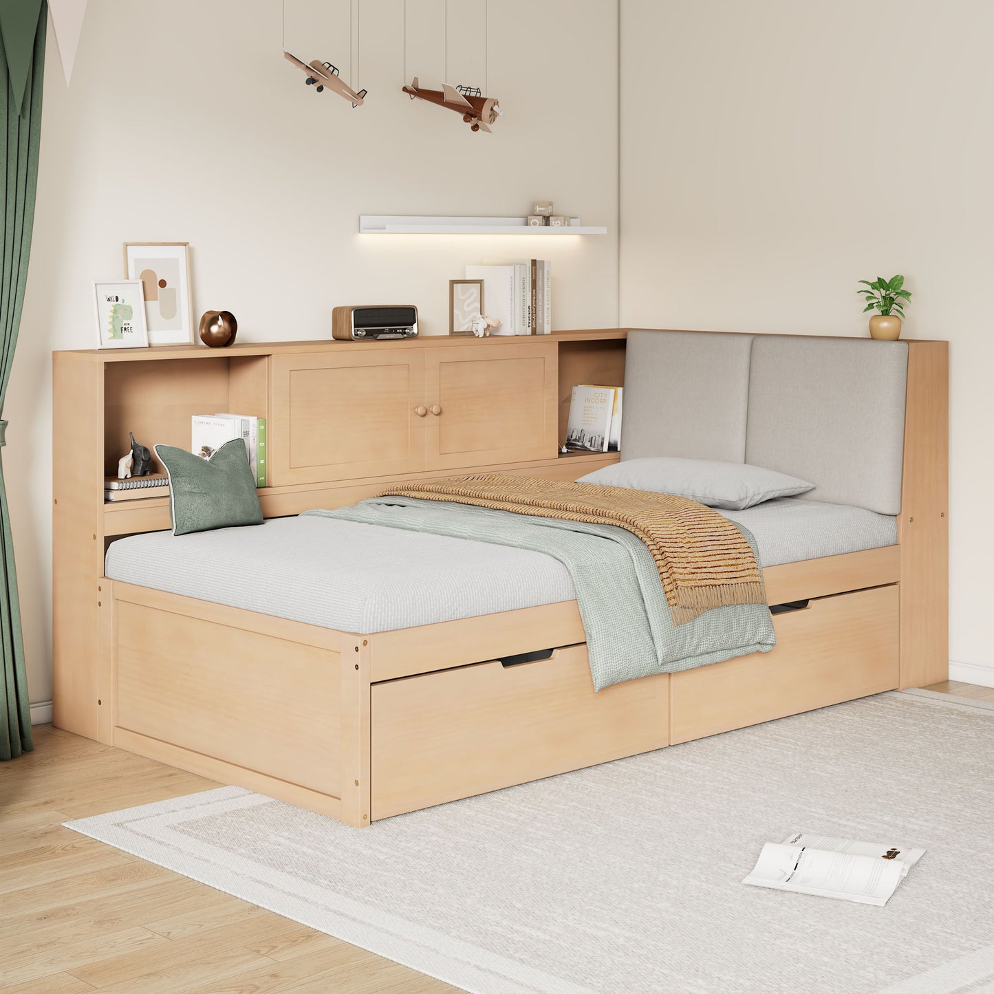 Wooden Twin Size L-shaped Daybed Corner Bed Under-bed Drawers  With Storage Bookcase And Upholstered Headboard And USB Charging Ports For Limited Space,Natural