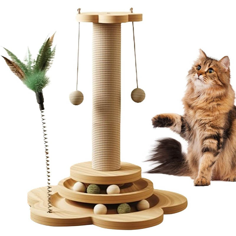 Pet Cat Toy Solid Wood Cat Turntable Funny Cat Stick Balls Durable Sisal Scratch