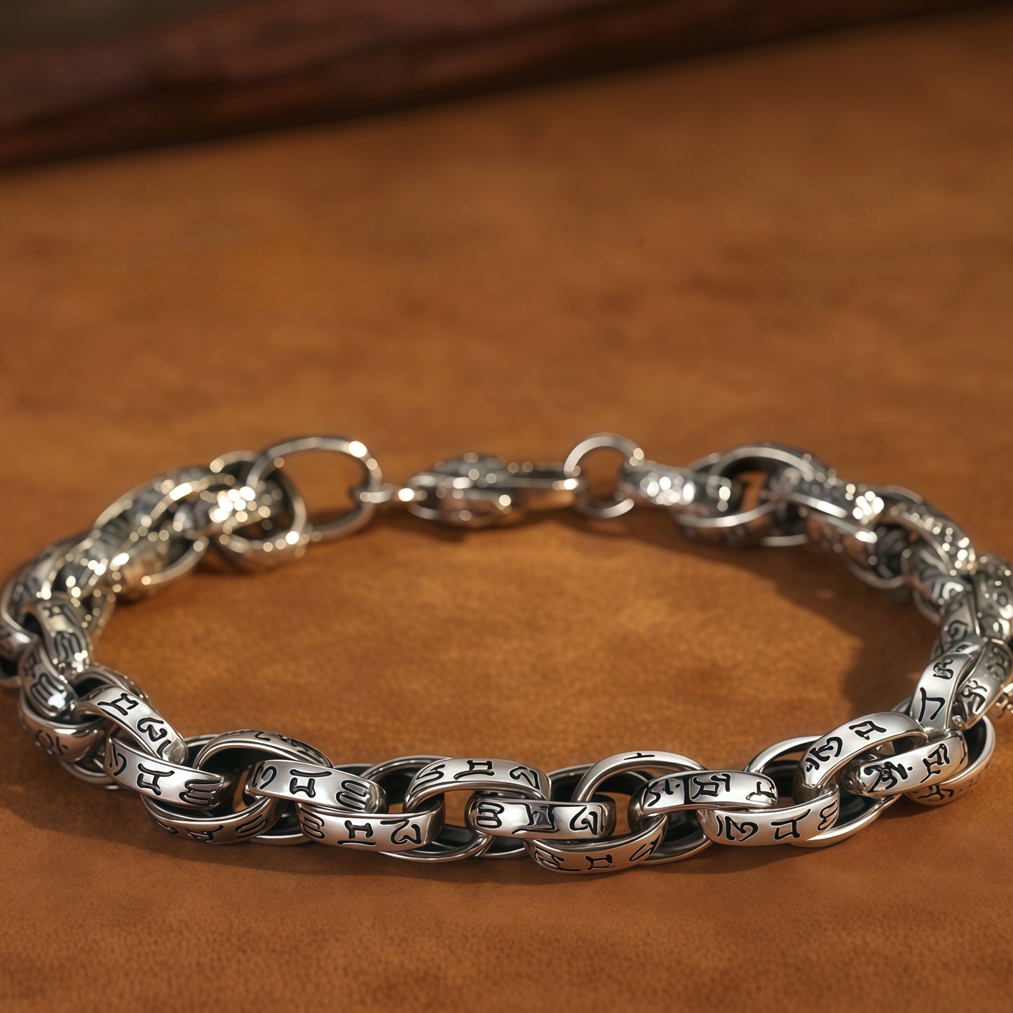 Antique Scroll Engraved Thick Curb Chain Bracelet For Men, Copper Plated Silver Oxidized Vintage Biker Punk Heavy Link Wrist Jewelry Gift