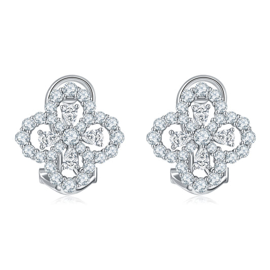 S925 Sterling Silver Clover Huggie Earrings, 3x2mm Pear D-VVS1 Moissanite Cluster, Platinum Plated 4.2g Elegant Women's Jewelry Gift Box